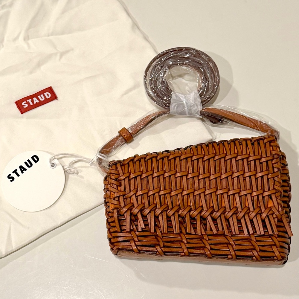 Staud Acute Asymmetric Woven Leather Crossbody Bag | Tan